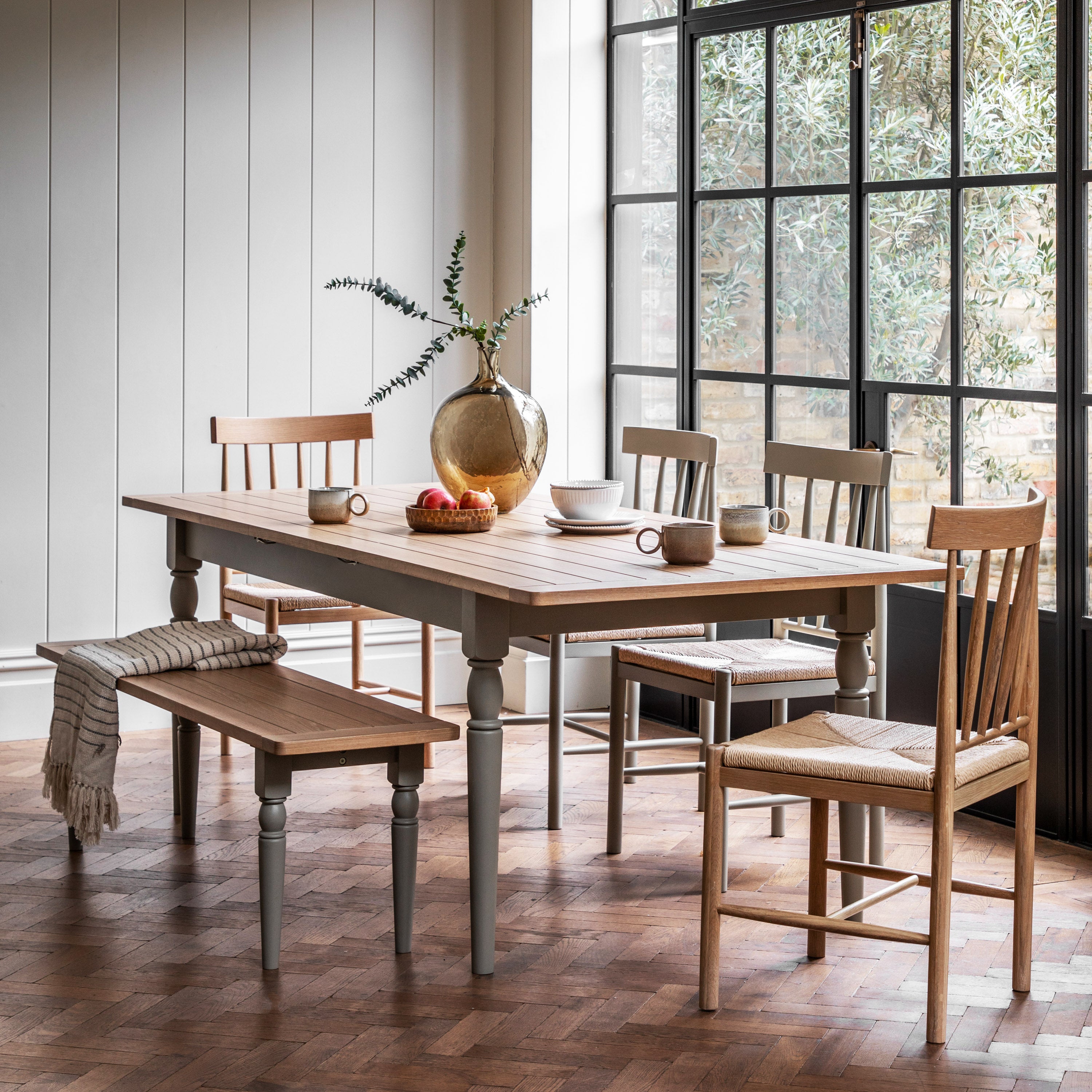 Radley Trestle Natural & Grey Oak Wood Extending Dining Table | 8-10 Seater